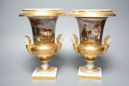 A pair of Paris porcelain vases, each painted with bucolic scenes, height 24cm