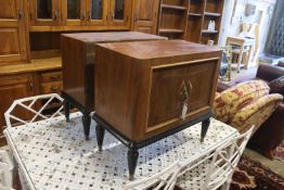 A pair of mid century part ebonised teak bedside cabinets, width 60cm, depth 33cm, height 57cm