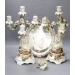A pair of 19th century Sitzendorf porcelain three branch candelabra (a.f.) and a similar oval