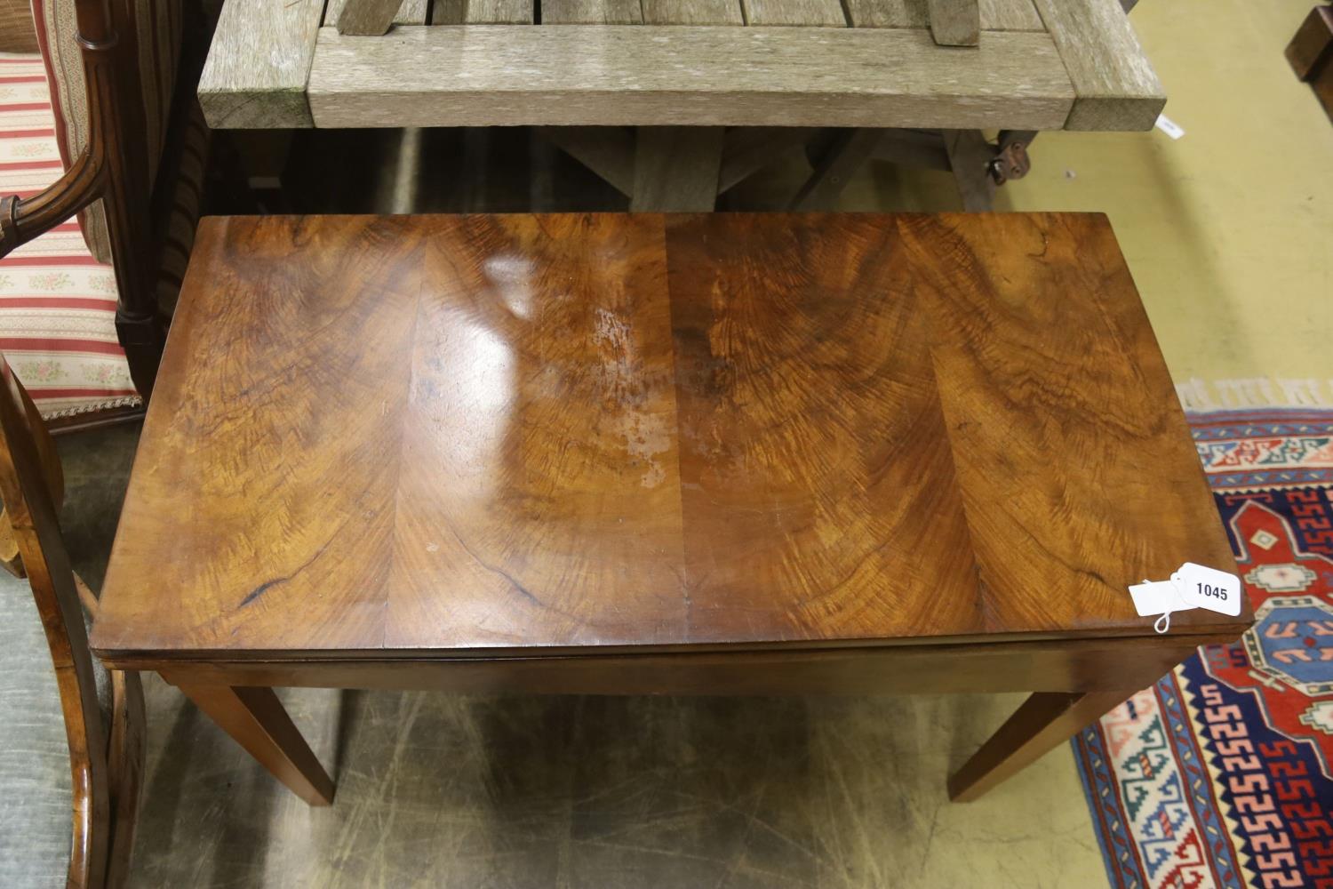 A 19th century Continental walnut rectangular tea table with folding top, (cut down), width 89cm, - Image 2 of 3