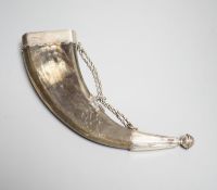 A Scottish silver mounted dress powder horn, early 19th century, engraved silver mounts (not hall