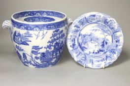 A Victorian blue-printed earthenware wine cooler (a.f.) 18cm high and a Victorian pearlware plate