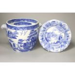 A Victorian blue-printed earthenware wine cooler (a.f.) 18cm high and a Victorian pearlware plate