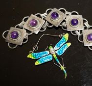 A white metal and seven stone cabochon amethyst set bracelet, 18.5cm and a white metal, mother of