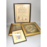 Pair of 19th century petit point face screens, a 1920s sampler and a heraldic panel, all framed.