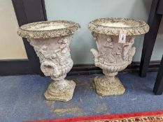 A pair of reconstituted stone campana garden urns, diameter 40cm, height 56cm