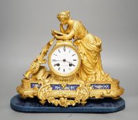 A French ormolu and porcelain mounted figural mantel clock 35cm