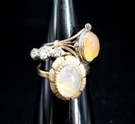 A yellow metal and illusion set three stone diamond ring, size P and two other yellow metal and