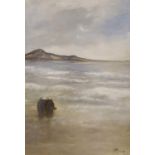 P Long, watercolour, Figures on the shore, bears signature, 26 x 19cm