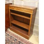 A reproduction Edwardian style banded mahogany open fronted bookcase, width 84cm, depth 32cm, height