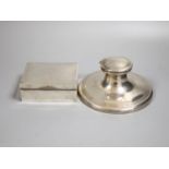 A George V silver mounted capstan inkwell, 15.2cmm weighted and a silver mounted cigarette box.