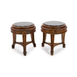 A pair of Italian circular carved walnut marble top vase stands, diameter 40cm, height 44cm