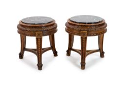 A pair of Italian circular carved walnut marble top vase stands, diameter 40cm, height 44cm