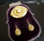 A Victorian yellow metal navette shaped brooch, with bead decoration, 46mm and a pair of similar