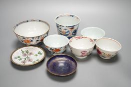 A collection of 18th century Chinese export porcelain tea bowls or cups and two cloisonné enamel