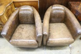 A pair of contemporary brown leather club chairs, in the Art Deco style, width 72cm, depth 80cm,