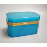 A large opaline blue glass casket, late 19th century, width 23cm height 13.5cm (a.f.)