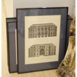Five reprinted studies of architectural engravings, largest 33 x 46cm