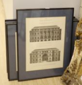 Five reprinted studies of architectural engravings, largest 33 x 46cm