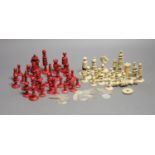 A set of 19th century red stained and natural bone chess pieces and a collection of etched mother of