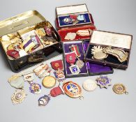 A collection of silver or gilt metal and enamel Masonic medals