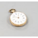 A continental 18k and enamelled open face keyless fob watch, decorated with a young boy hunting,