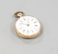 A continental 18k and enamelled open face keyless fob watch, decorated with a young boy hunting,