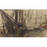 P.M. Lacroix, pastel, Study of ships in harbour, signed in ink and dated '38, 31 x 46cm