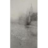 William Lionel Wyllie (1851-1931), etching, "RAF Monument on the Thames towards Westminster”