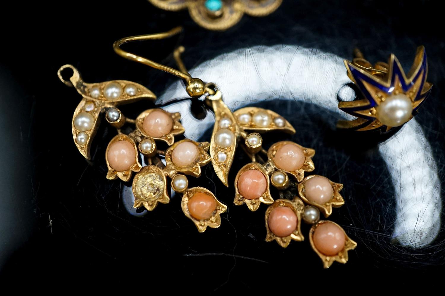 Eight assorted pairs of Victorian and later earrings including yellow metal and coral set, one odd - Image 4 of 11