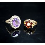 A 9ct garnet and cultured pearl ring and a 9ct gold amethyst and seed pearl mounted ring, gross 9.