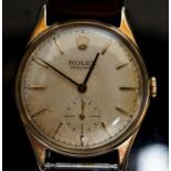 A gentleman's late 1950's 9ct gold Rolex Precision, manual wind wrist watch, on associated leather