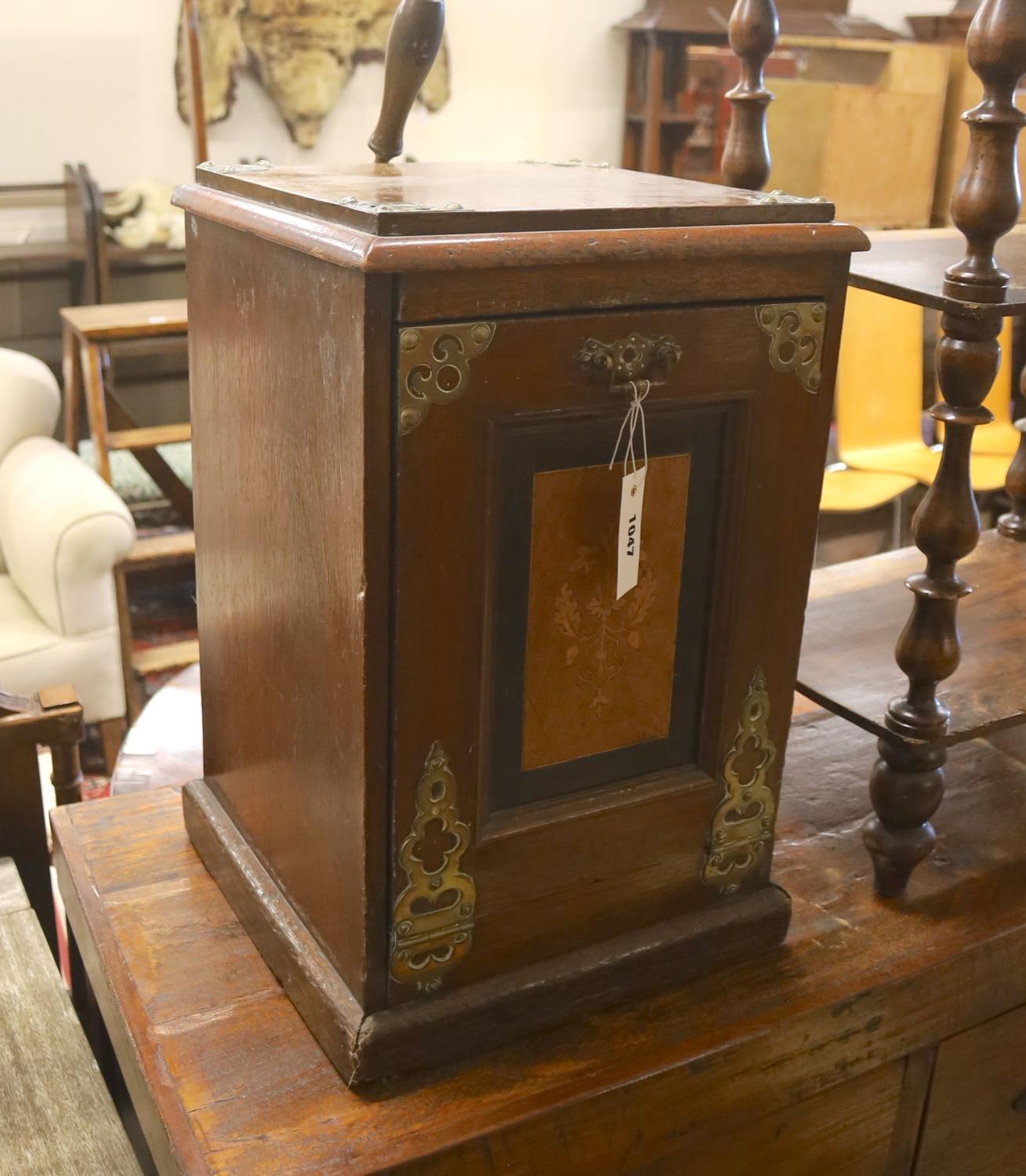 A late Victorian brass mounted inlaid mahogany coal purdonium and scoop, width 32cm, depth 32cm,