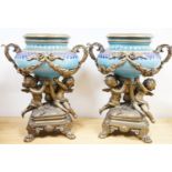 A pair of large ormolu mounted earthenware vases 39cm