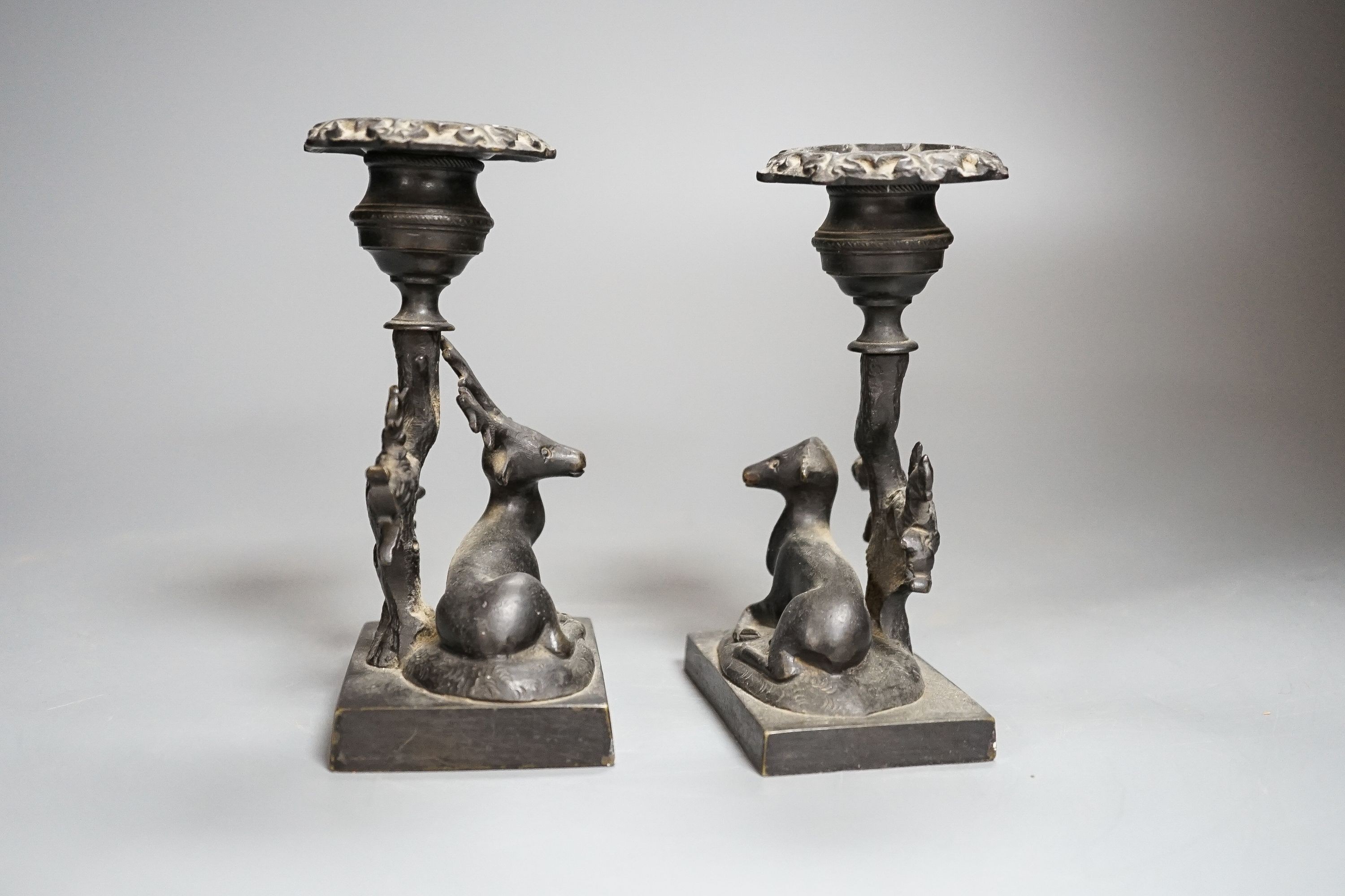 A pair of 19th century bronze ‘stag and doe’ dwarf candlesticks 14cm - Image 2 of 4