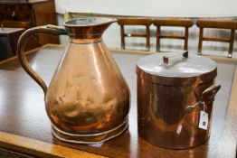 A Victorian copper jug measure, together with a Victorian copper harvest flagon, larger 48cm high