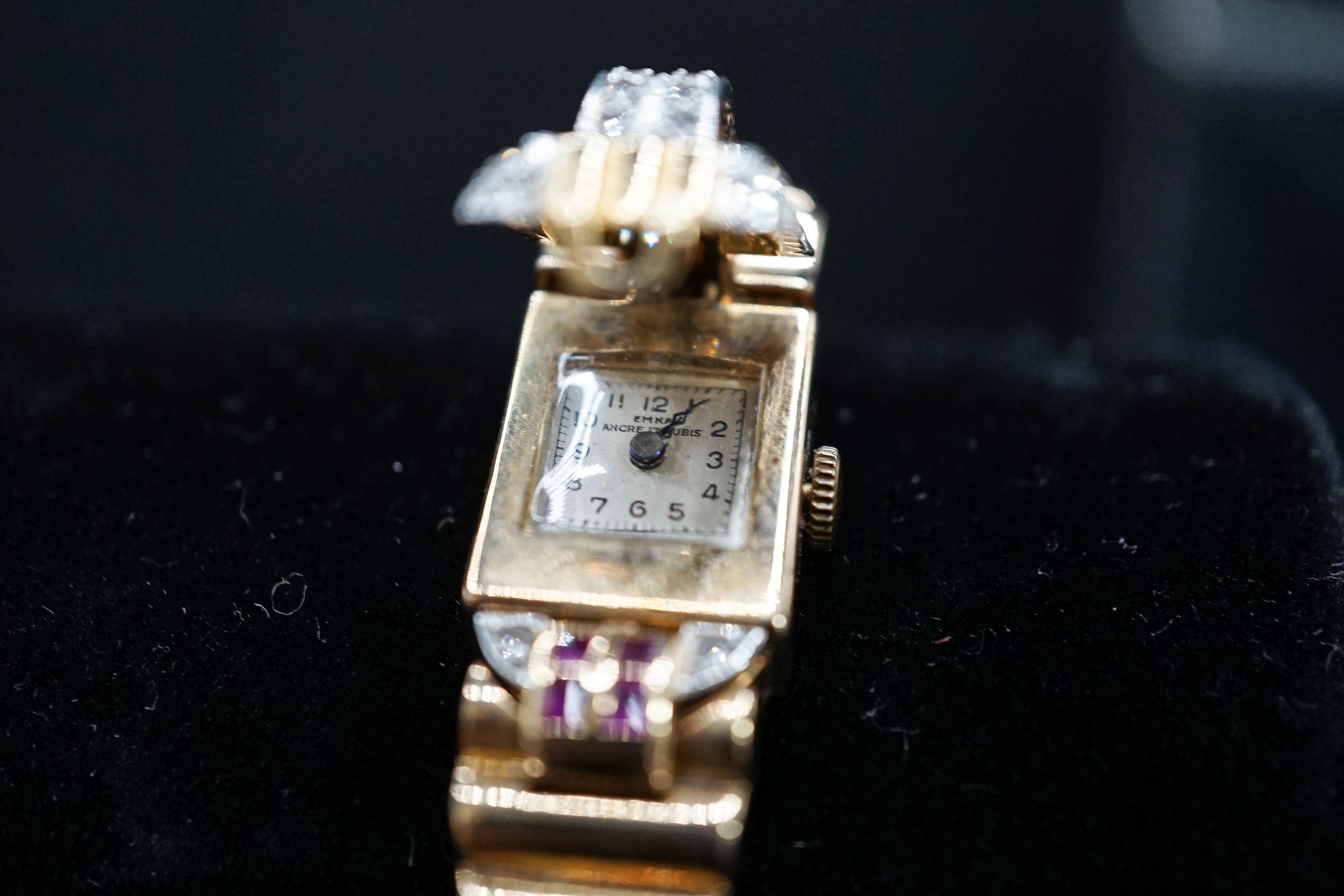 A 1950's 9ct gold, ruby and diamond set Emka manual wind cocktail watch, the dial with gem set - Image 4 of 6