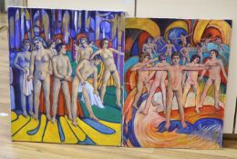 R Philp, two oils on canvas, Standing nudes, c.1960, largest 65 x 53cm, unframed