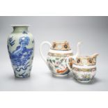 A Chinese celadon glazed vase, 24cm and a Chinese famille rose teapot and matching cream jug, a.f.