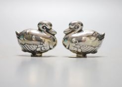 A modern pair of Tiffany & Co novelty silver condiments, modelled as a pair of ducks, height 4cm,