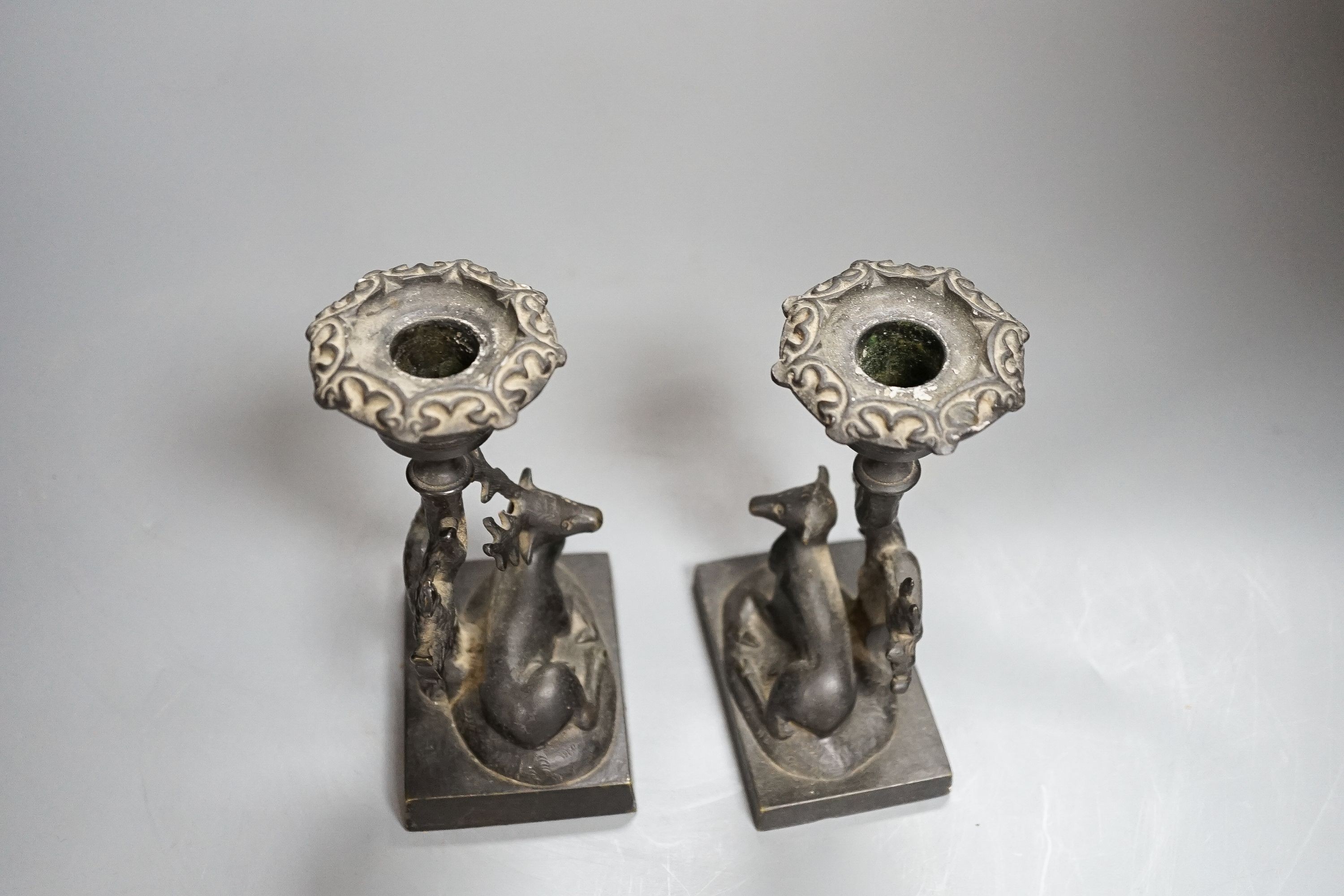 A pair of 19th century bronze ‘stag and doe’ dwarf candlesticks 14cm - Image 3 of 4