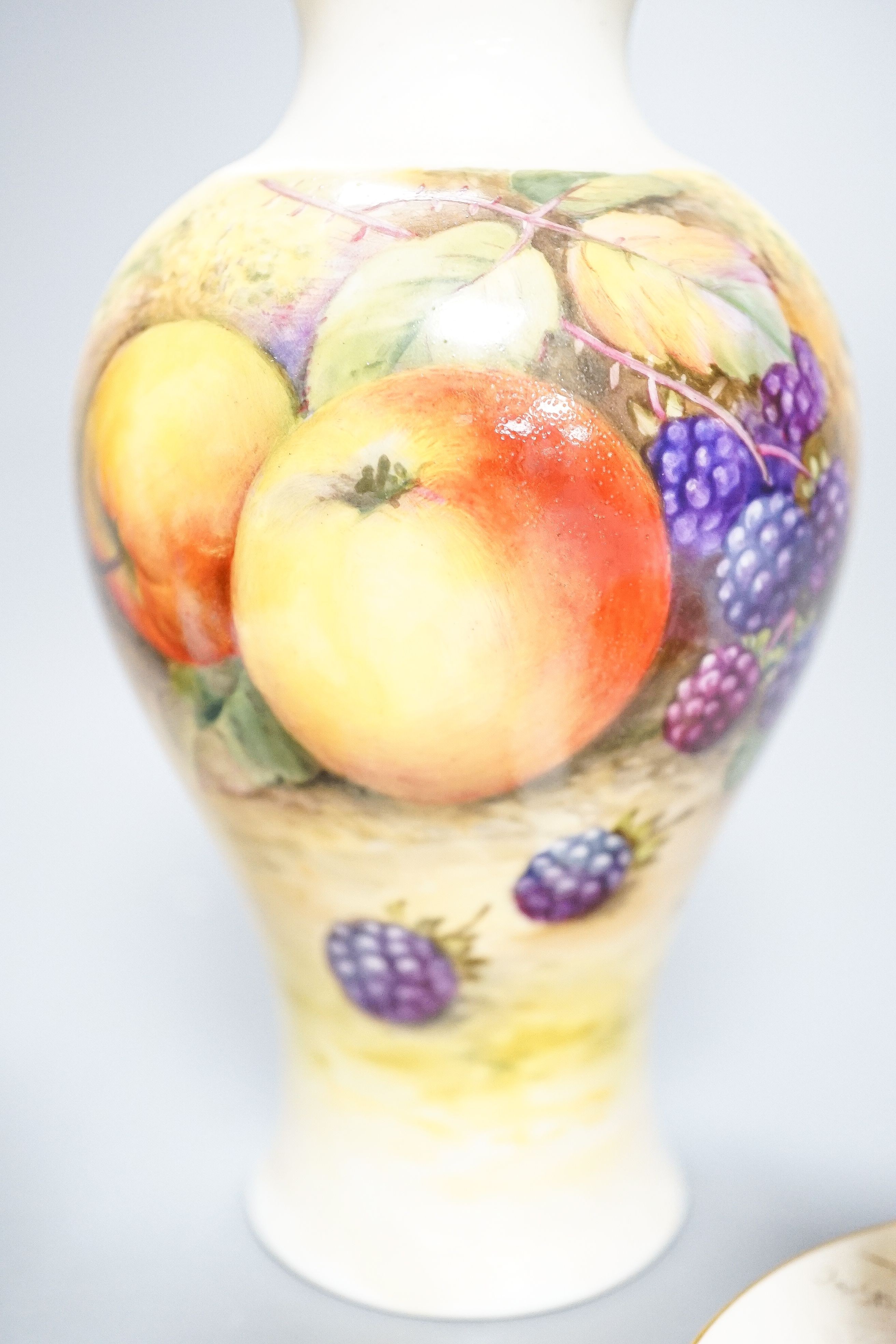 A Royal Worcester fruit painted small pot pourri and cover, 10.9cm high and a similar vase, 15cm, - Image 6 of 12