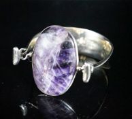 A Vivianna Torun for Georg Jensen sterling and amethyst quartz set openwork bangle, no 203, stone