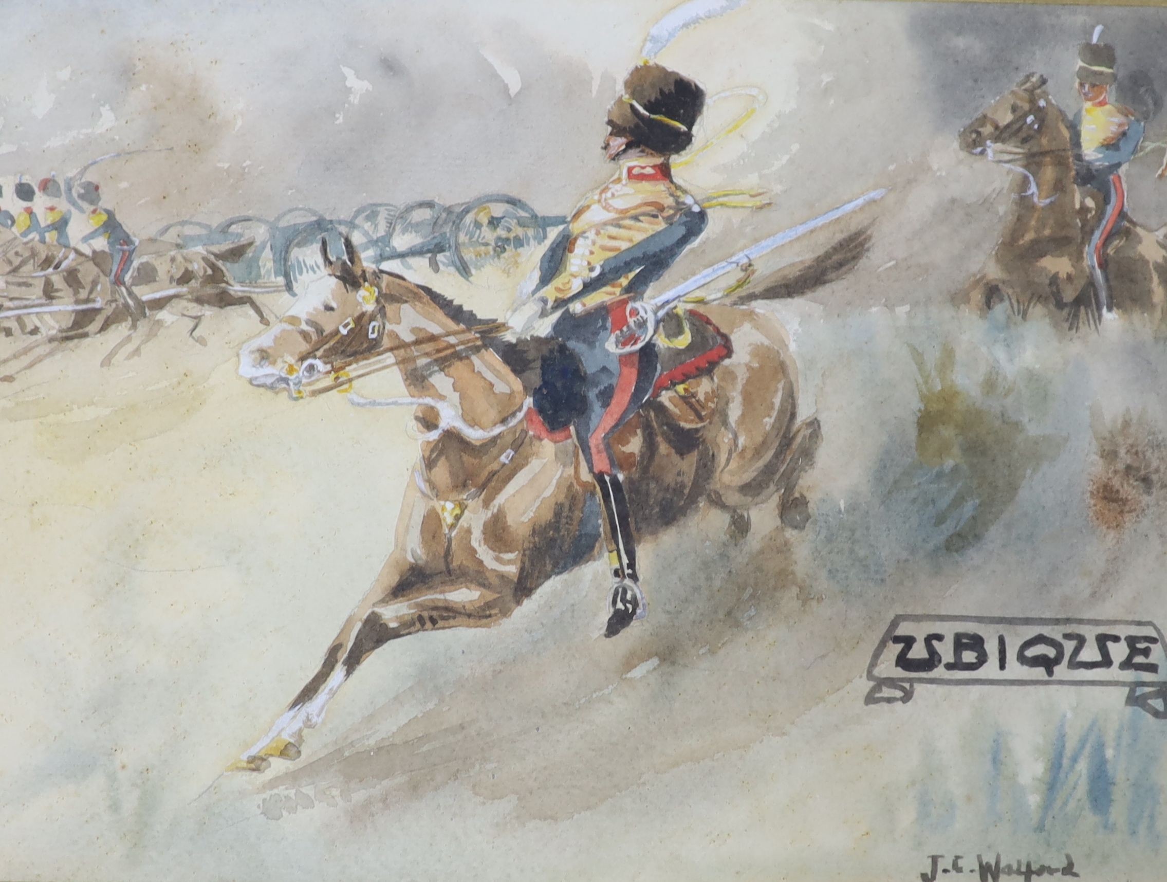 J.C. Walford, watercolour, 'Ubique', Cavalrymen charging, signed and dated '06, 18 x 25cm