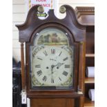 An early 19th century 8-day oak longcase clock, painted dial, with key, pendulum and weights, height