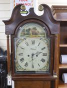 An early 19th century 8-day oak longcase clock, painted dial, with key, pendulum and weights, height