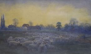 English school circa 1900, watercolour, Sheep in a field at sunset, 18 x 28 cm.