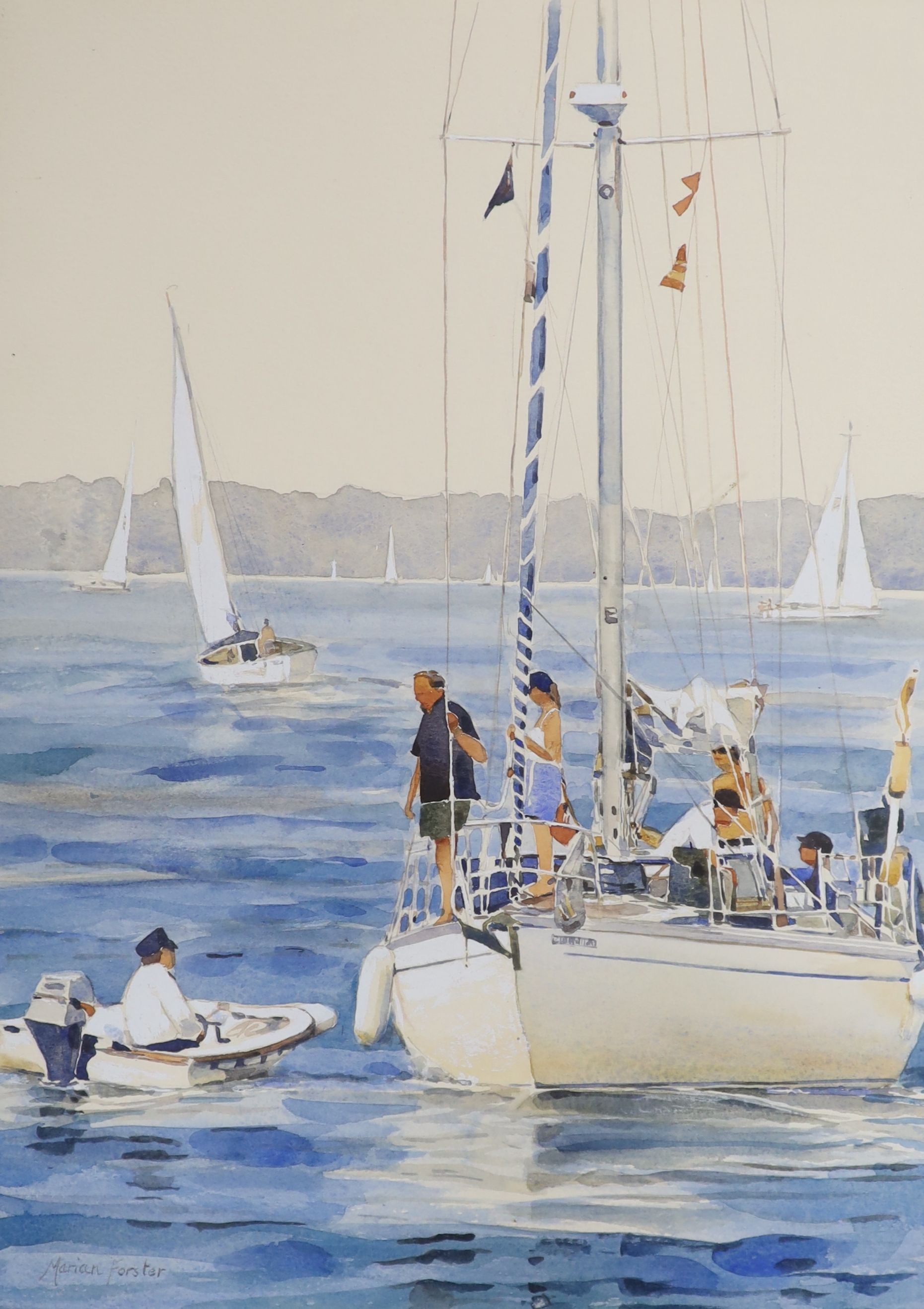 Marian Forster, watercolour, 'Arriving at Yarmouth, (Isle of Wight)', signed, with The Mall
