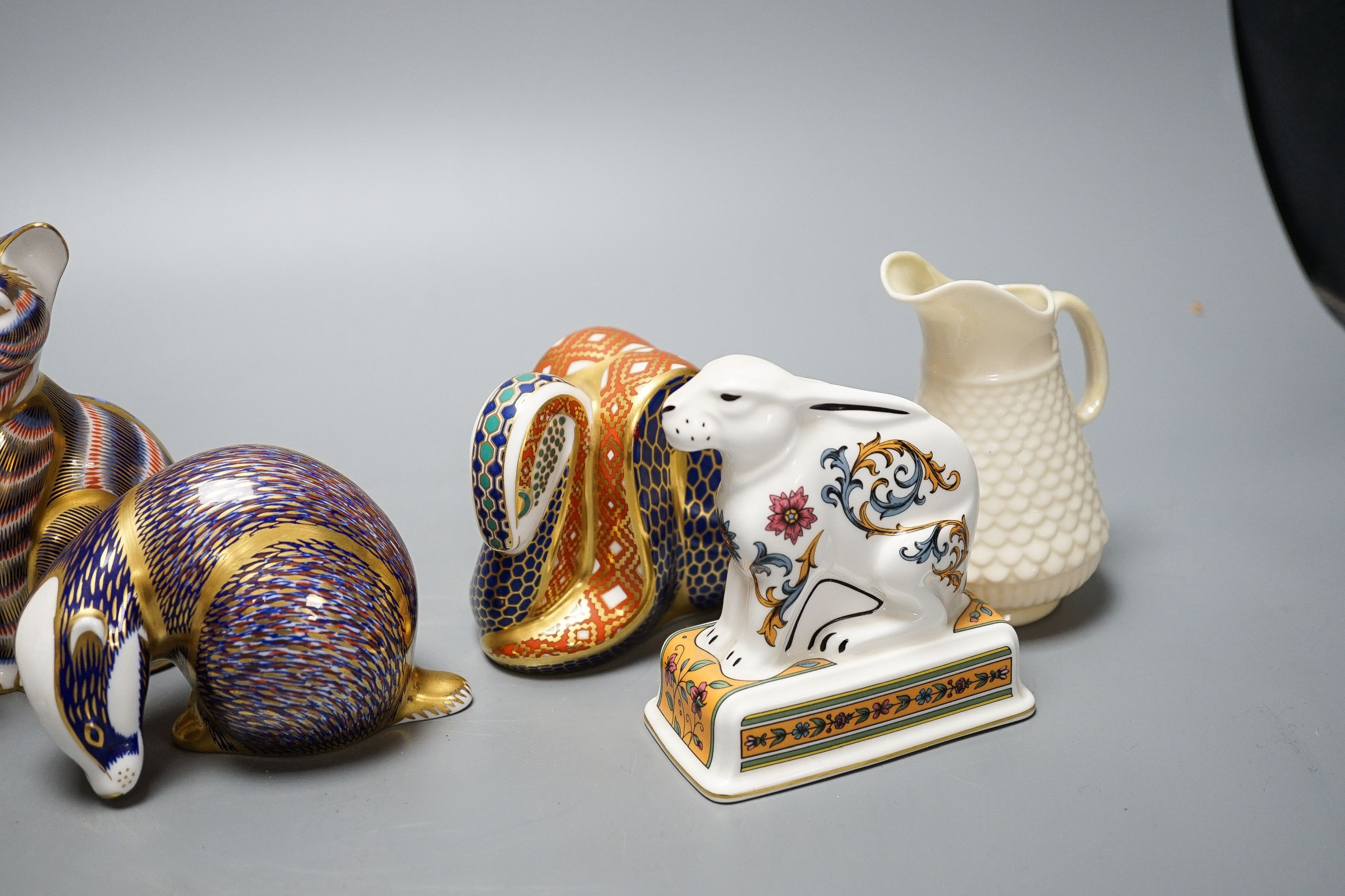 Four Royal Crown Derby paperweights, a Royal Doulton jug, a Belleek jug and a Wedgwood Noah’s ark - Image 3 of 6