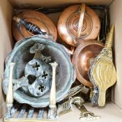 A collection of antique brass and copper items to include kettle, horse brasses, miniature door way,
